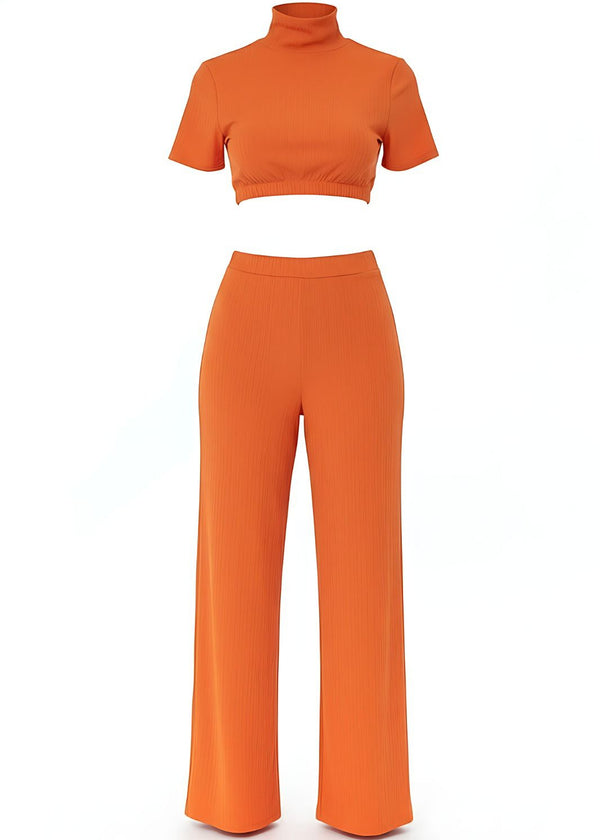 Wide-Leg Trousers Co-Ord Set High Neck Short Sleeve T-Shirt