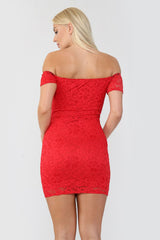 Online Bodycon Mini Dress | Red Bardot Neck Lace Off Shoulder