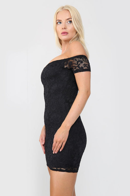 Bodycon Mini Dress | Black Bardot Neck Lace | Shop Now