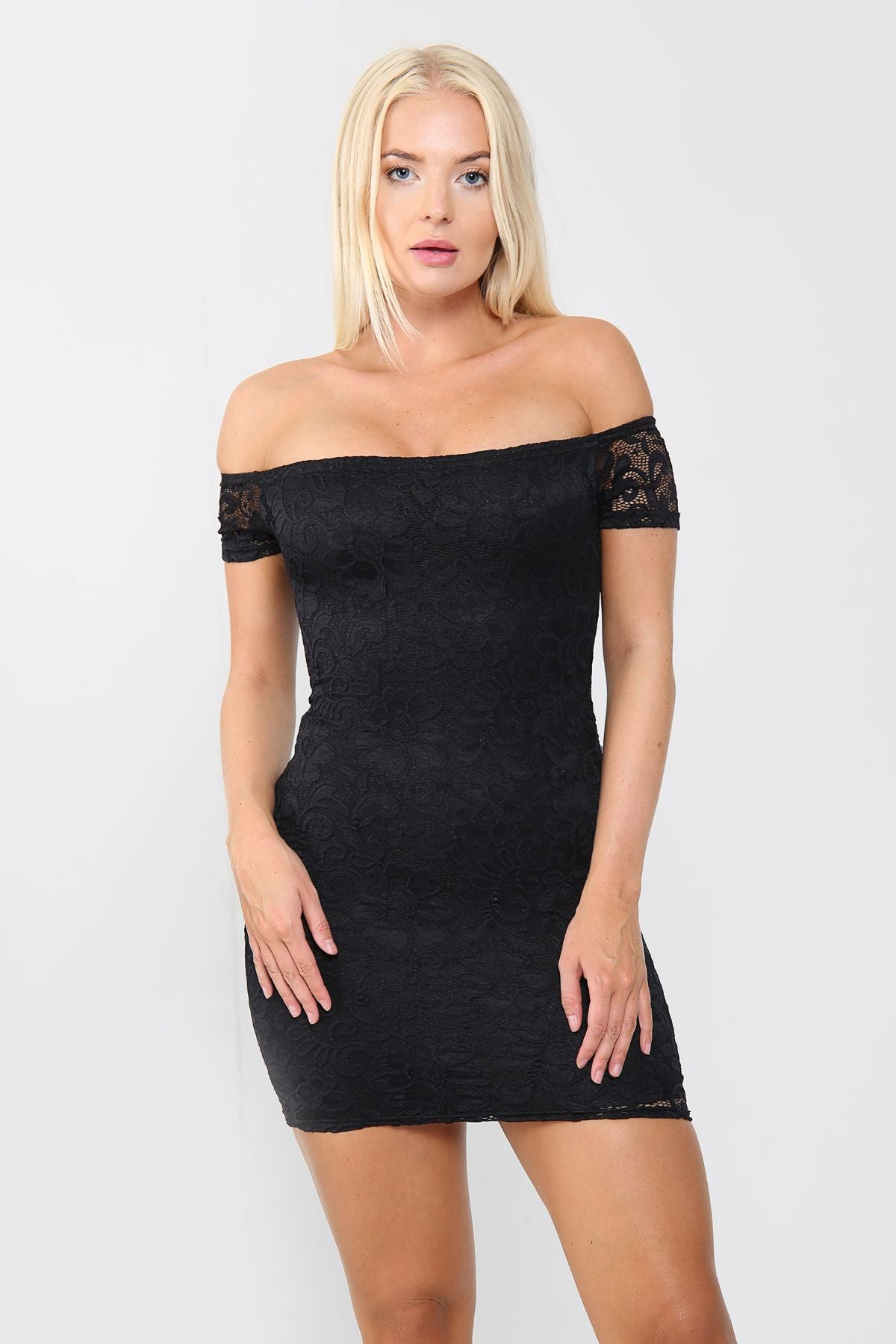 Bodycon Mini Dress | Black Bardot Neck Lace | Avinci