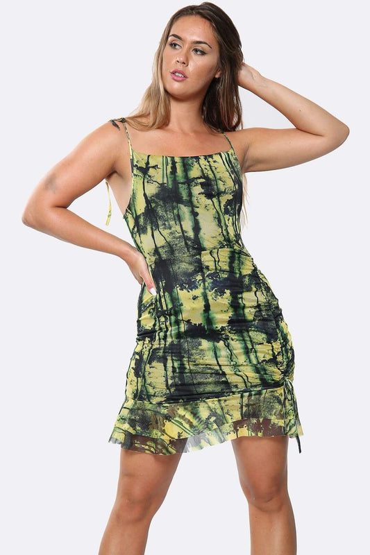 Lime Color Dye Print Mesh Ruched Side Bodycon Dress