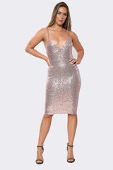 Metallic Glitter V-Neck Sequin Strappy Midi Dress