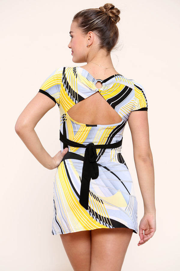 Colorful Print Short Sleeve Square Neck Cinched Waist mini dress - Mini Dress - Avinci