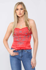 Embroidered Satin Corset Top - Tops - Avinci
