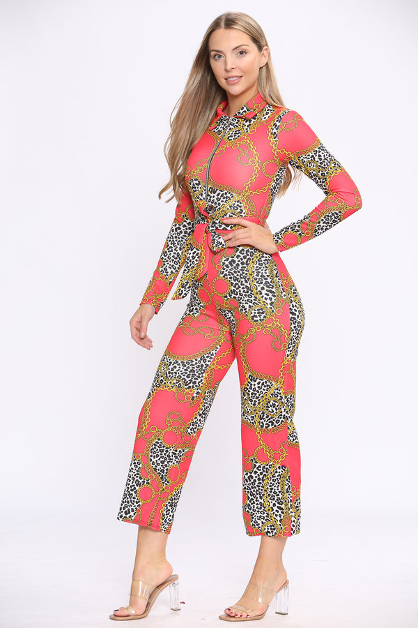 Red Print Long Sleeve Wide Leg Jumpsuit - Jumpsuit - Avinci