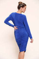 Blue Long Sleeve V Neckline Ruched Side Midi Dress - Midi Dress - Avinci