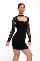 High Neck Cut Out Lace Long Sleeves Mini Dress - Mini Dress - Avinci