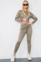 Khaki Green Long Sleeve Crop Top and Matching High Waisted Leggings - Co-ords - Avinci