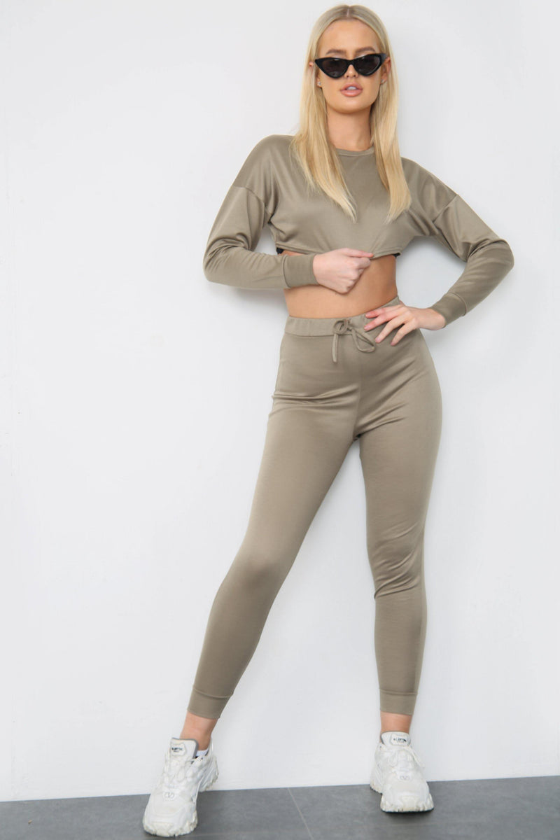 Khaki Green Long Sleeve Crop Top and Matching High Waisted Leggings - Co-ords - Avinci