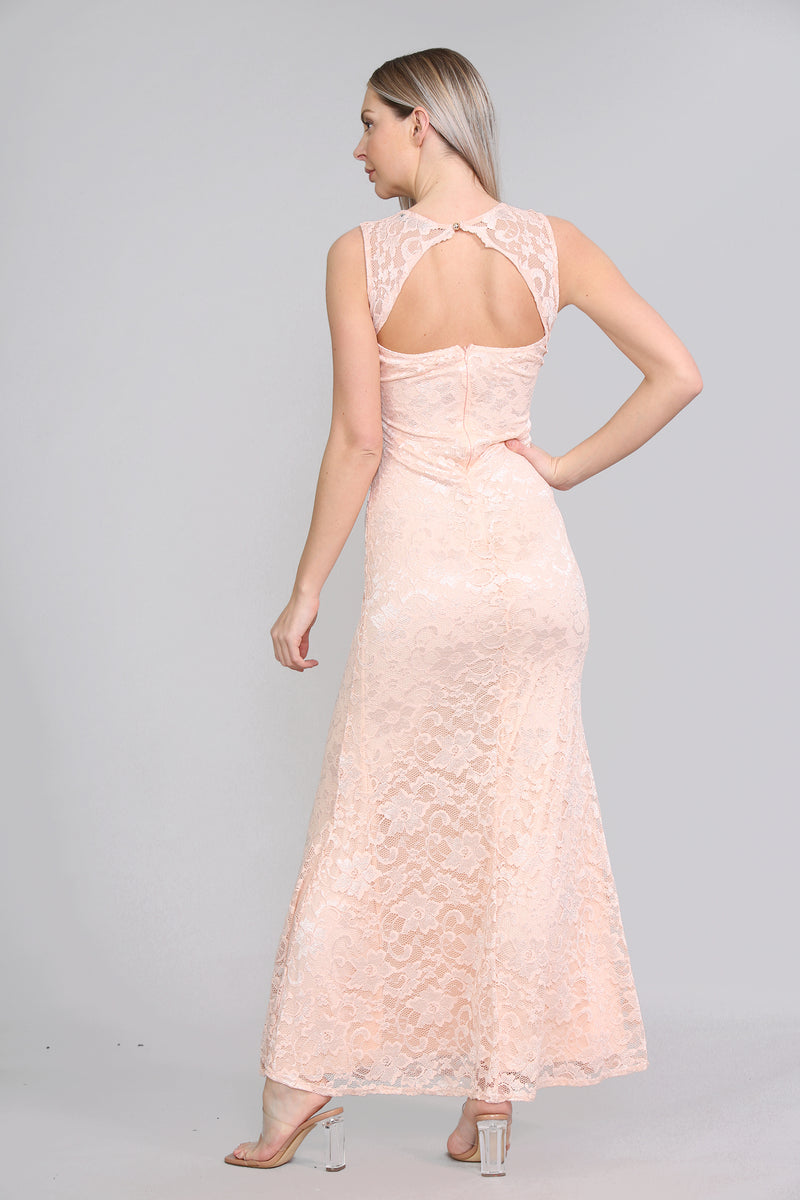 AVINCI ELEGANT LONG LACE ILLUSION NECK BRIDESMAID DRESS - Maxi Dress - Avinci