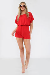 Women Playsuit | Red Belted Open Back Tie Waist Boxy
