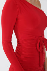 Women Midi Dress Online | Red One Shoulder Ruched Slinky 1