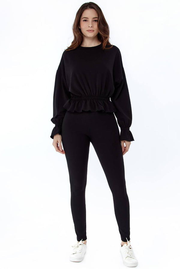 Loungewear Set for Women | Black Long Sleeves Frill Detail