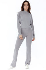 Grey Wide Leg Ribbed Loungewear Set | Avinci