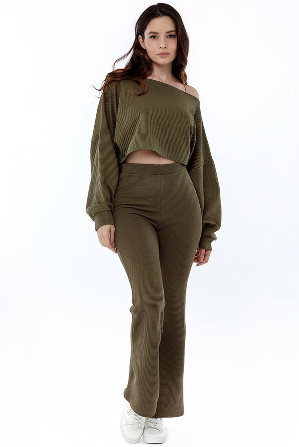Women Loungewear Set | Khaki Cropped Off Shoulder | Avinci