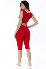 Women Co-ord | Red Ribbed Strappy Crop Top & Cycling Short