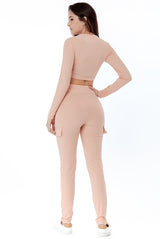 Women Loungewear Set | Blush Long Sleeve Crop Top & Ribbed Pocket