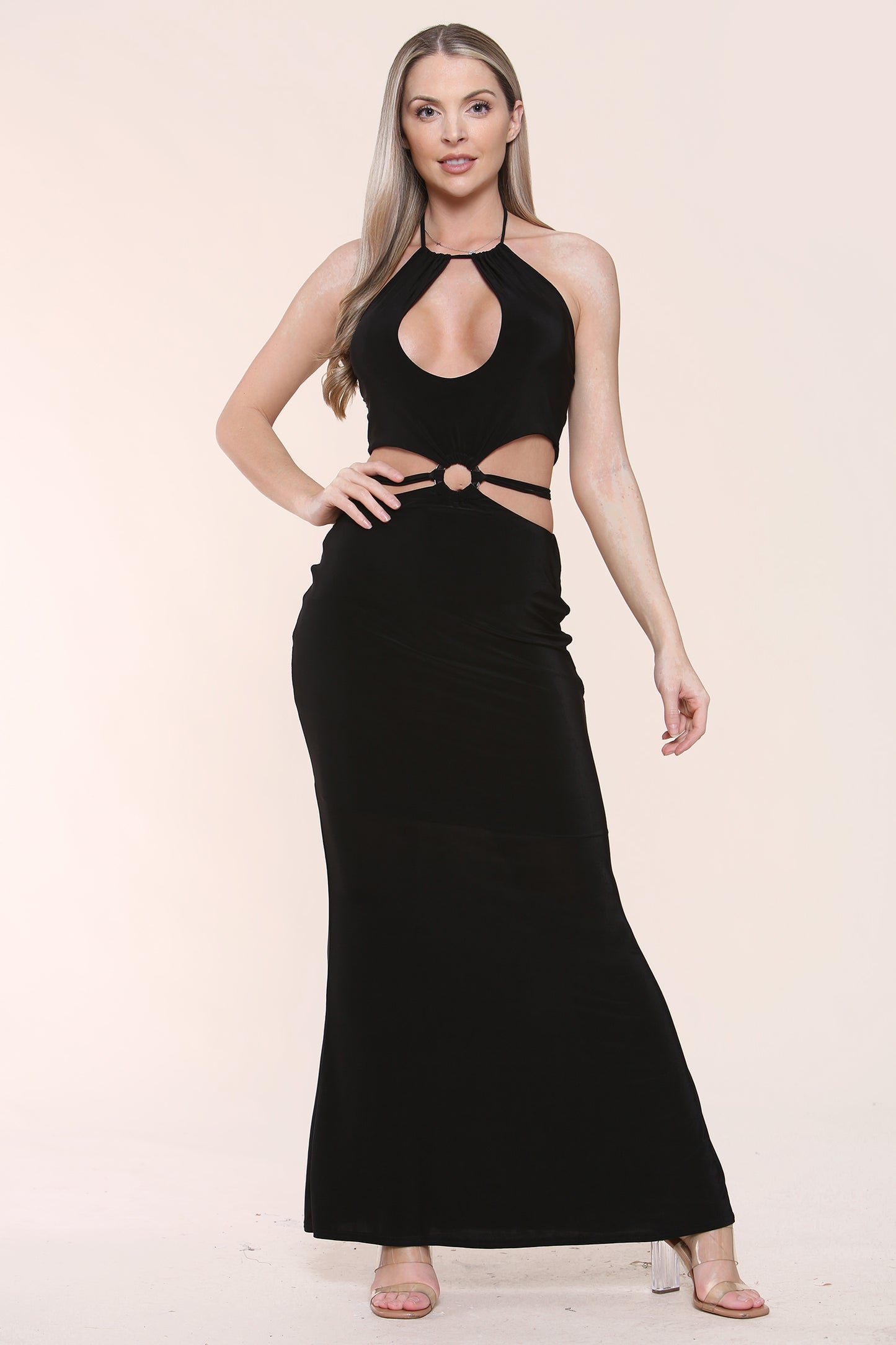 Avinci Womens Black Halter Keyhole Cut Out Maxi Dress