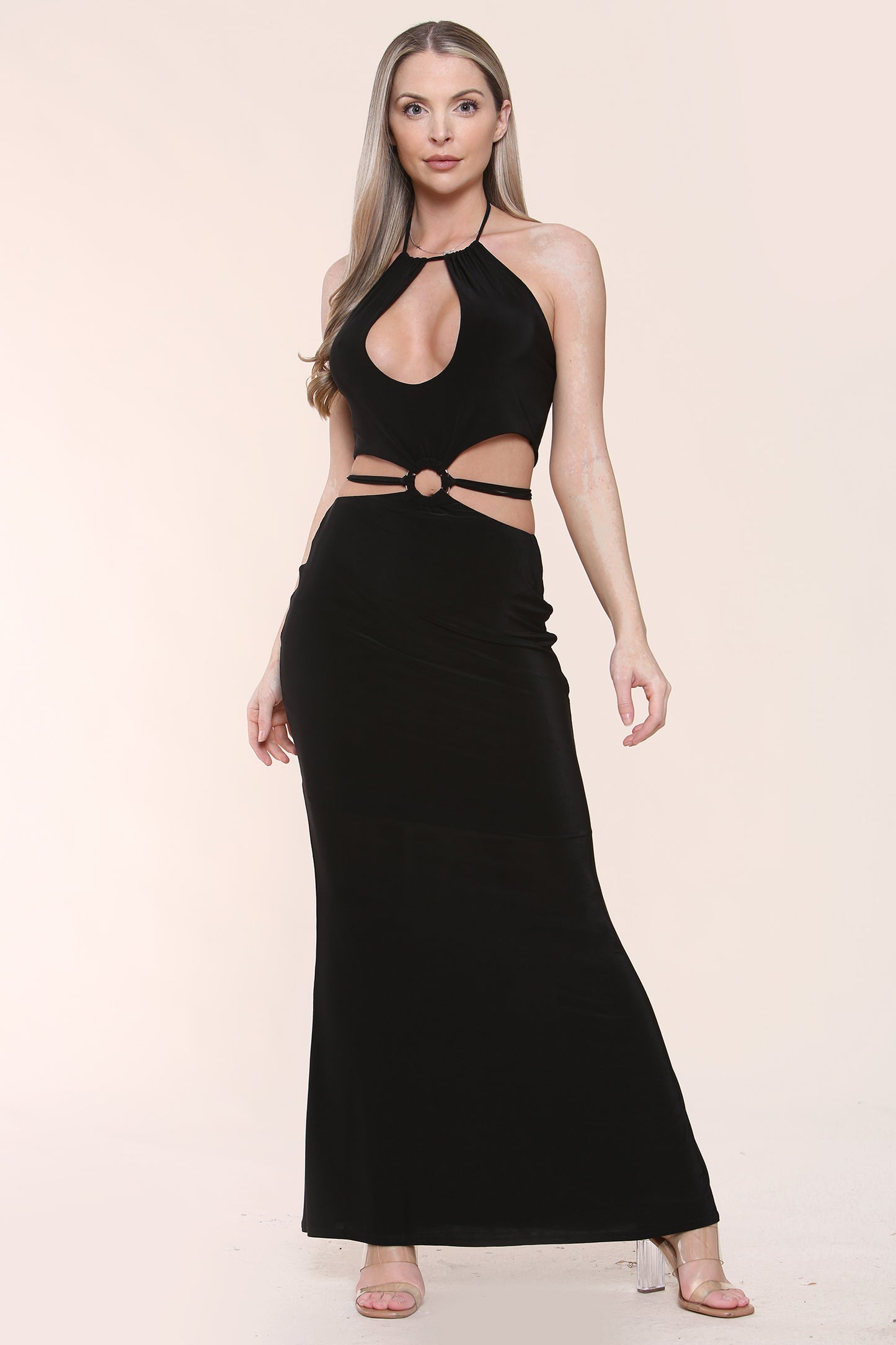 Avinci Womens Black Halter Keyhole Cut Out Maxi Dress