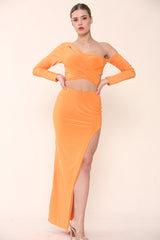 Orange Cut Out Detail Asymmetric Top and Skirts