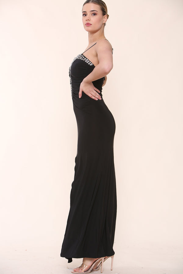 Black Stretchy Stone Party Cocktail Long Dress with Front Split