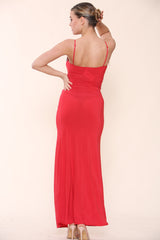 Red Stretchy Stone Party Cocktail Long Dress with Front Split