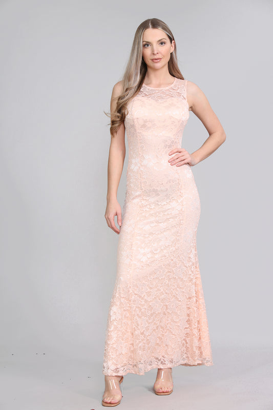 AVINCI ELEGANT LONG LACE ILLUSION NECK BRIDESMAID DRESS