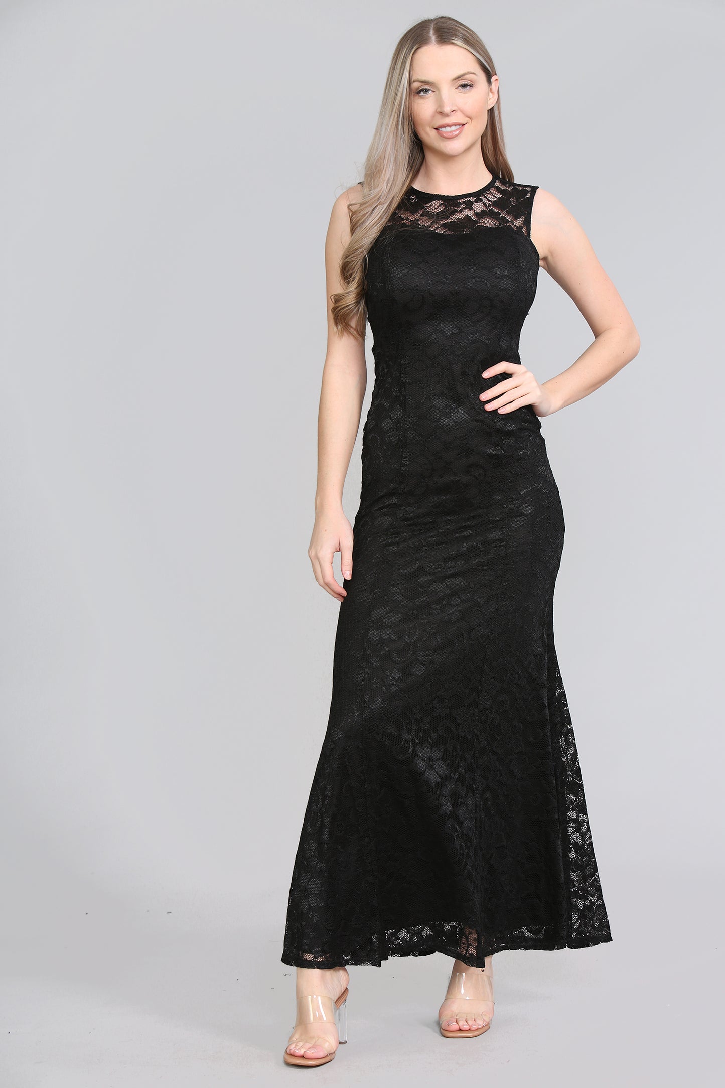 AVINCI ELEGANT LONG LACE ILLUSION NECK BRIDESMAID DRESS