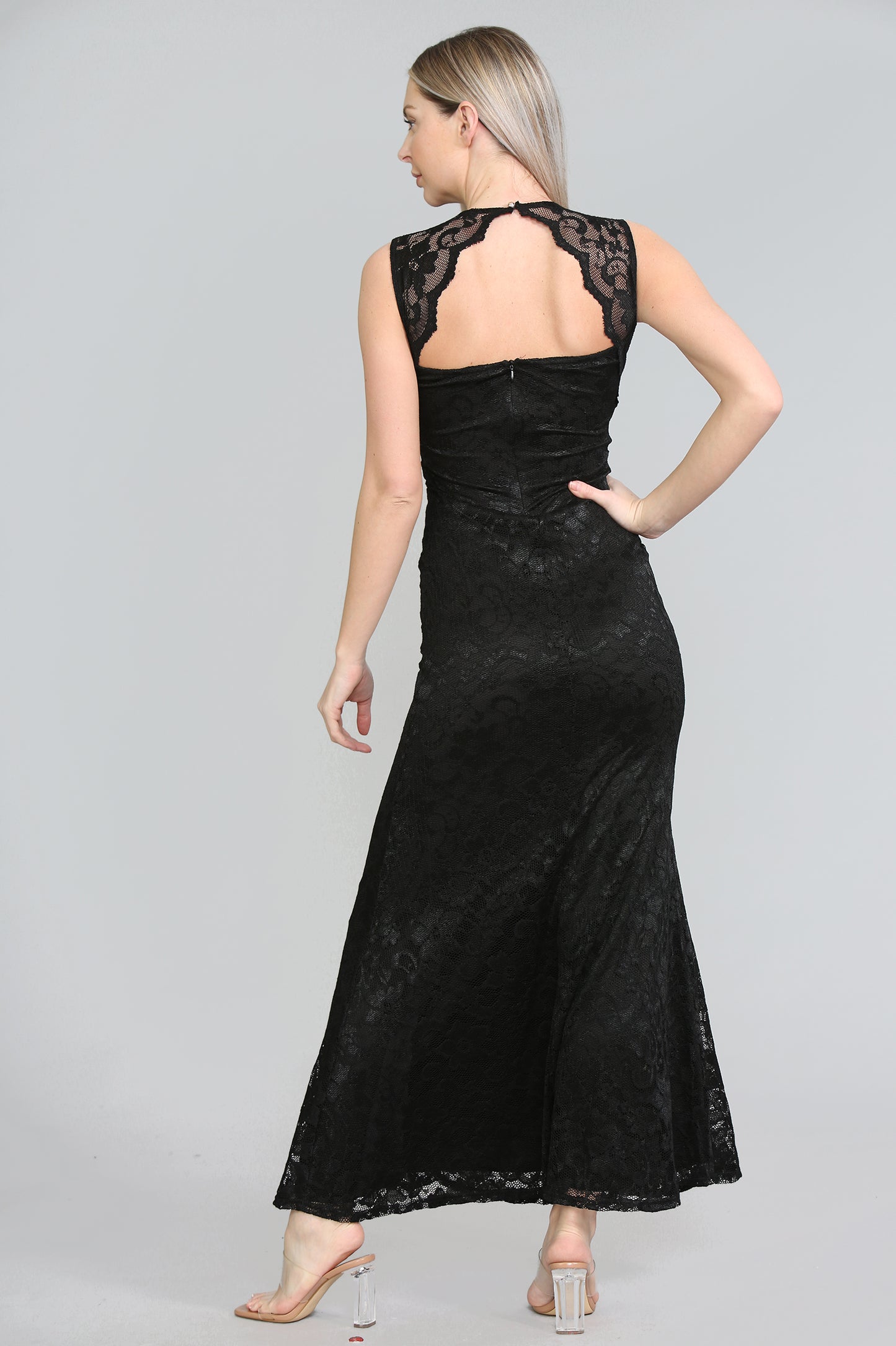 AVINCI ELEGANT LONG LACE ILLUSION NECK BRIDESMAID DRESS