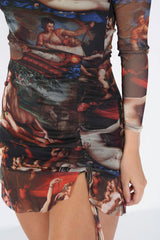 Bodycon Mini Dress | Renaissance Print Mesh Ruching Detail 1