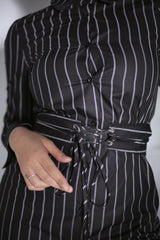 Black and White Striped Collar Shirt Dress With Belt