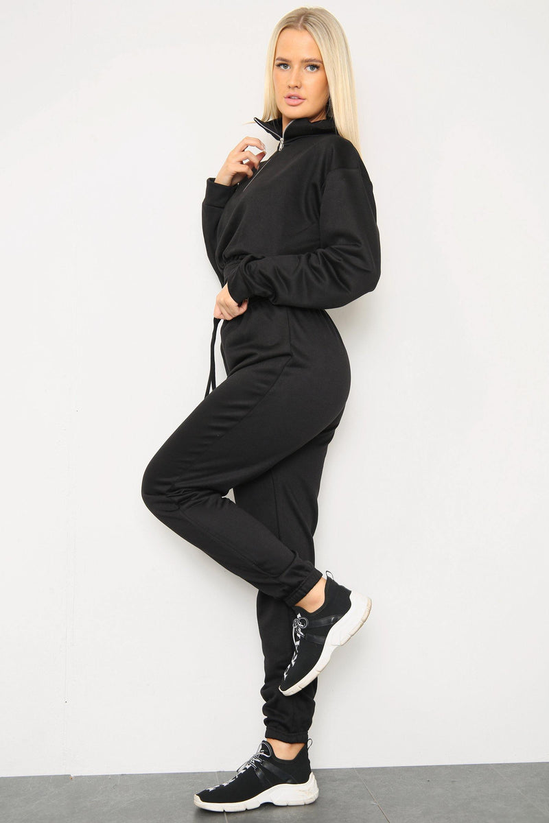 BLACK LONG SLEEVE ZIPPER CROP TOP AND MATCHING OVERSIZED JOGGERS -  - Avinci