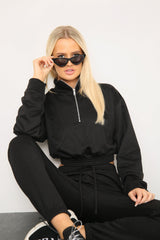 BLACK LONG SLEEVE ZIPPER CROP TOP AND MATCHING OVERSIZED JOGGERS -  - Avinci