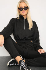 BLACK LONG SLEEVE ZIPPER CROP TOP AND MATCHING OVERSIZED JOGGERS -  - Avinci