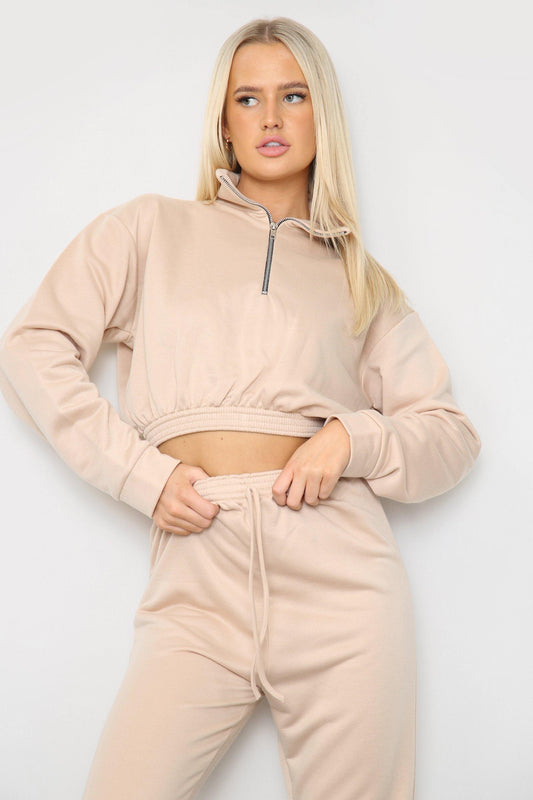 NUDE LONG SLEEVE ZIPPER CROP TOP AND MATCHING OVERSIZED JOGGERS -  - Avinci