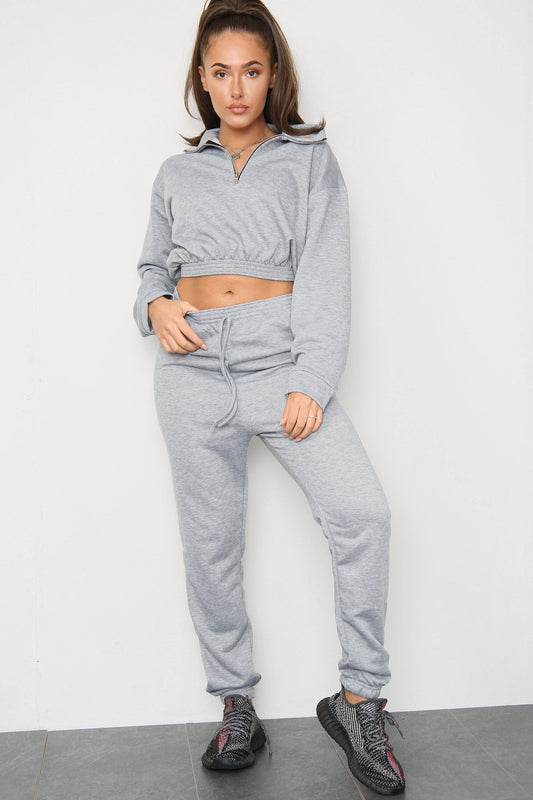 GREY LONG SLEEVE ZIPPER CROP TOP AND MATCHING OVERSIZED JOGGERS -  - Avinci