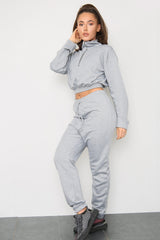 GREY LONG SLEEVE ZIPPER CROP TOP AND MATCHING OVERSIZED JOGGERS -  - Avinci
