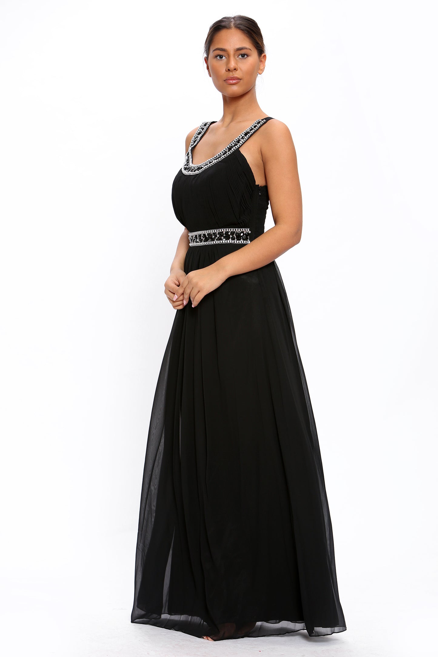 Black Chiffon Crystals Scoop Neck Maxi Dress