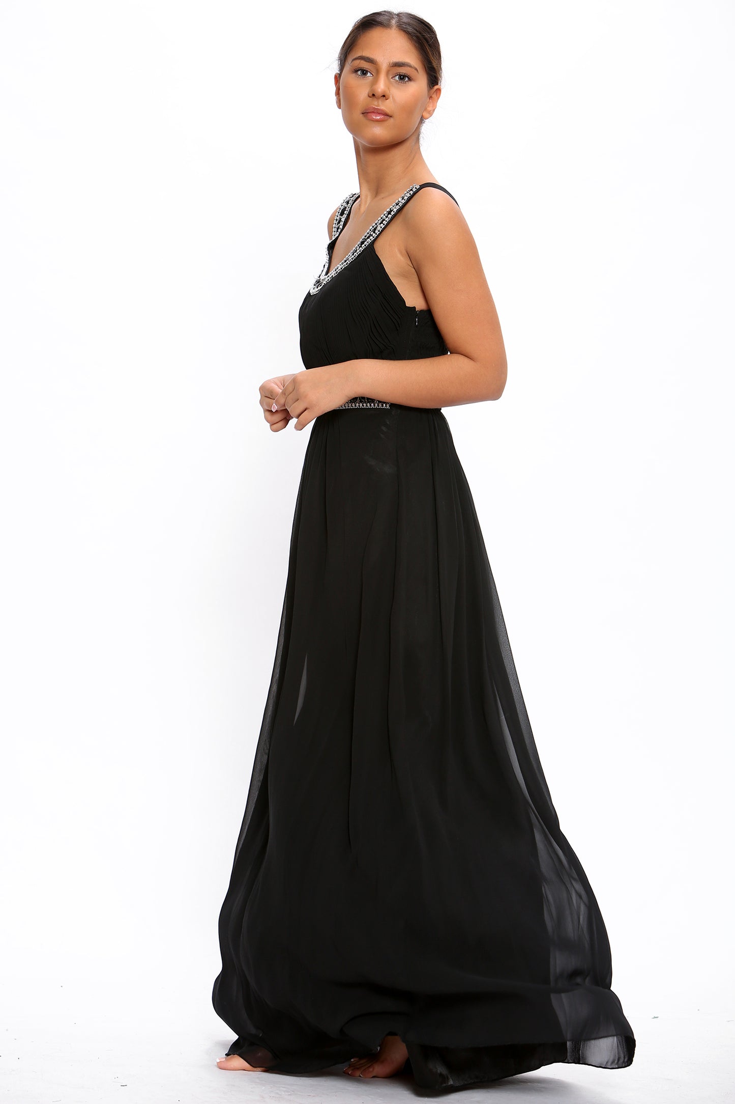 Black Chiffon Crystals Scoop Neck Maxi Dress