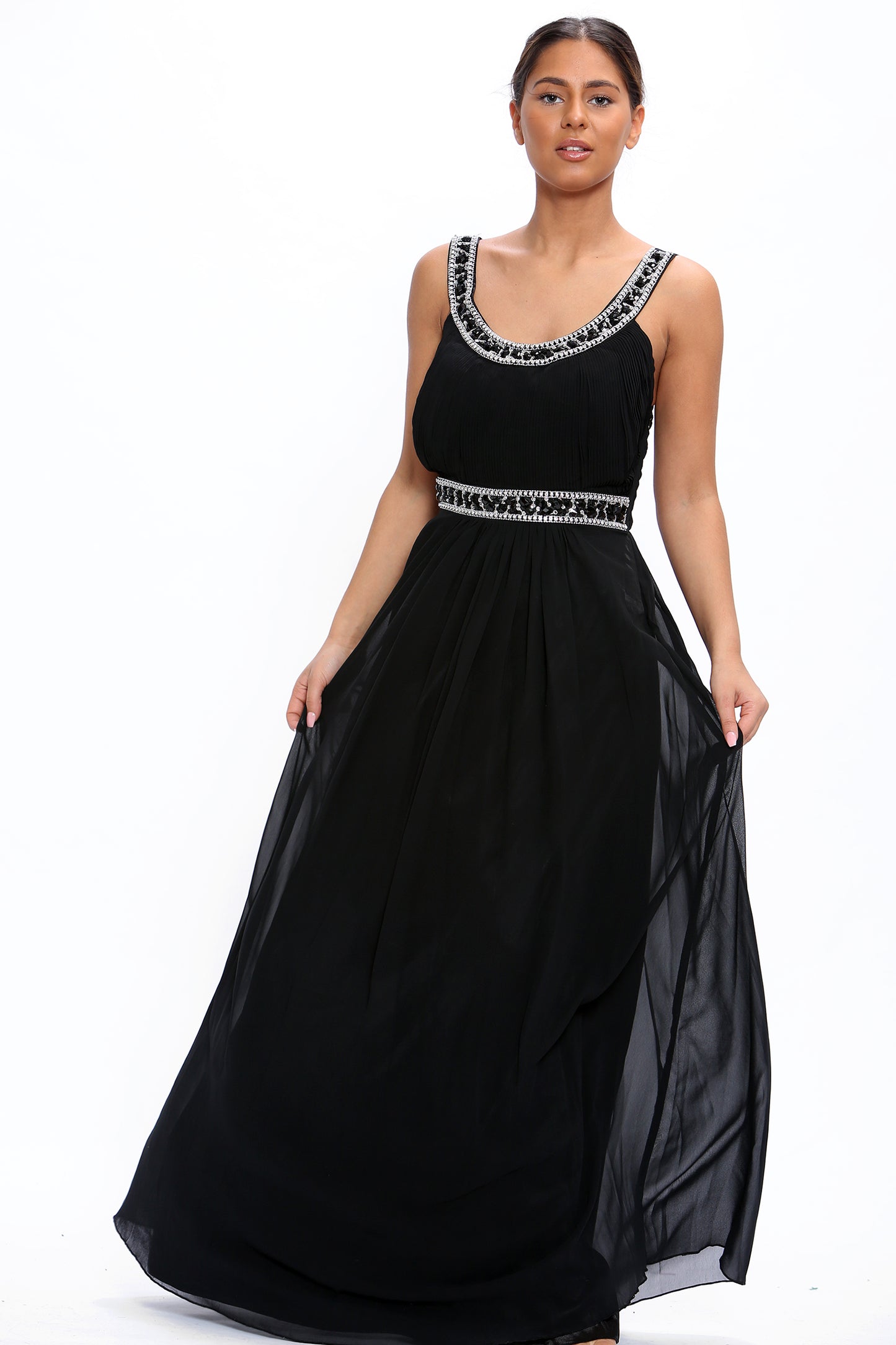 Black Chiffon Crystals Scoop Neck Maxi Dress