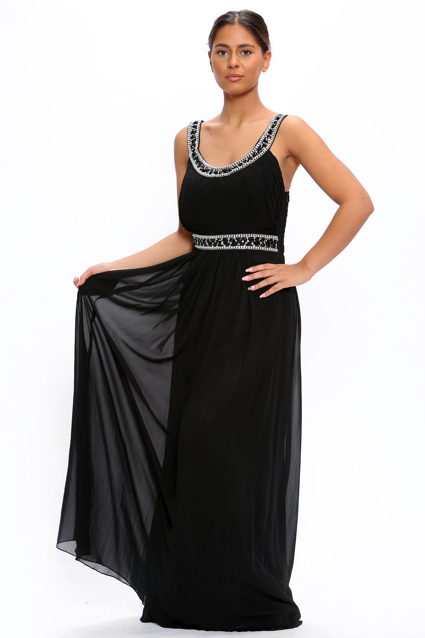 Black Chiffon Crystals Scoop Neck Maxi Dress