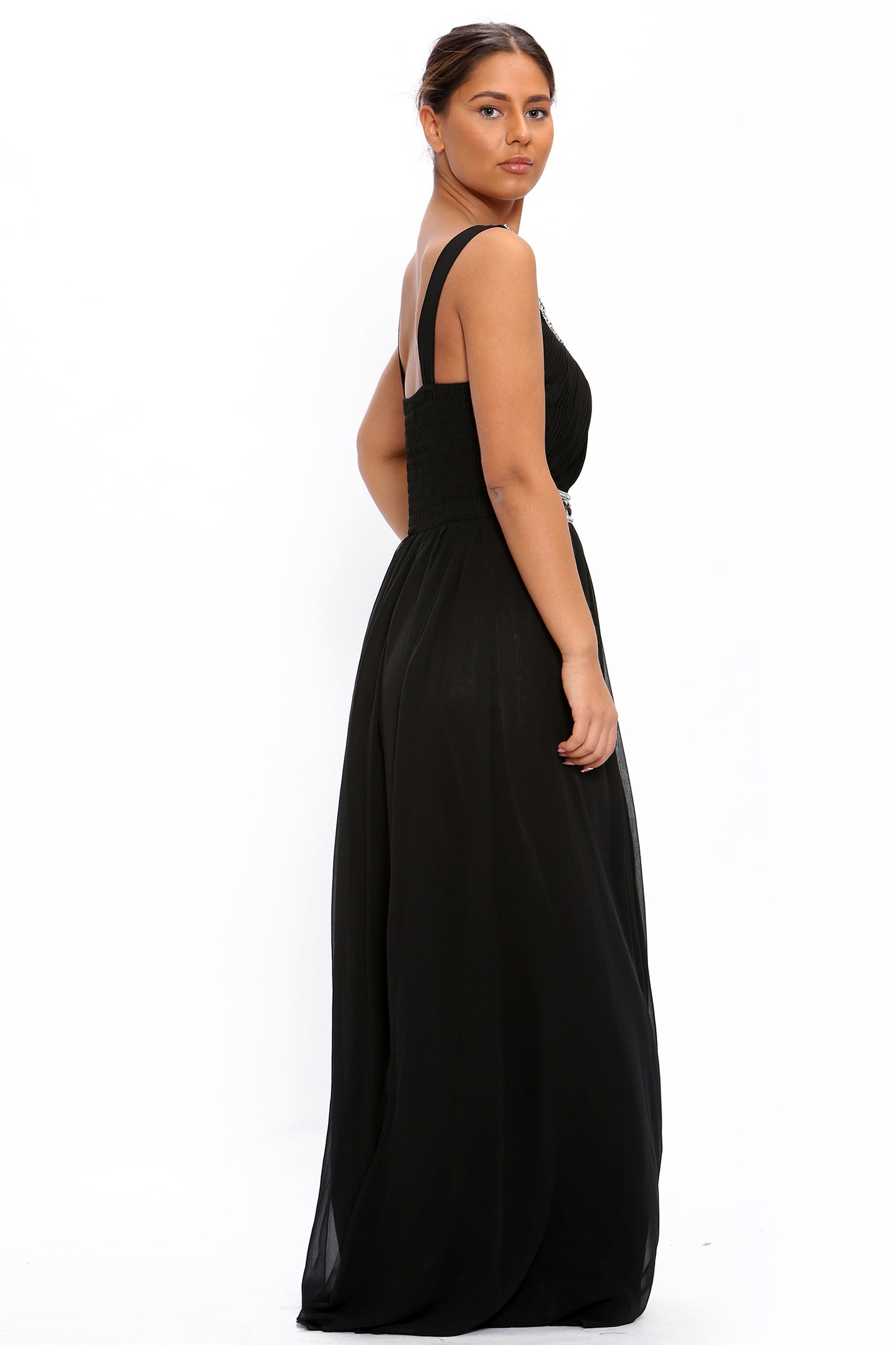 Black Chiffon Crystals Scoop Neck Maxi Dress