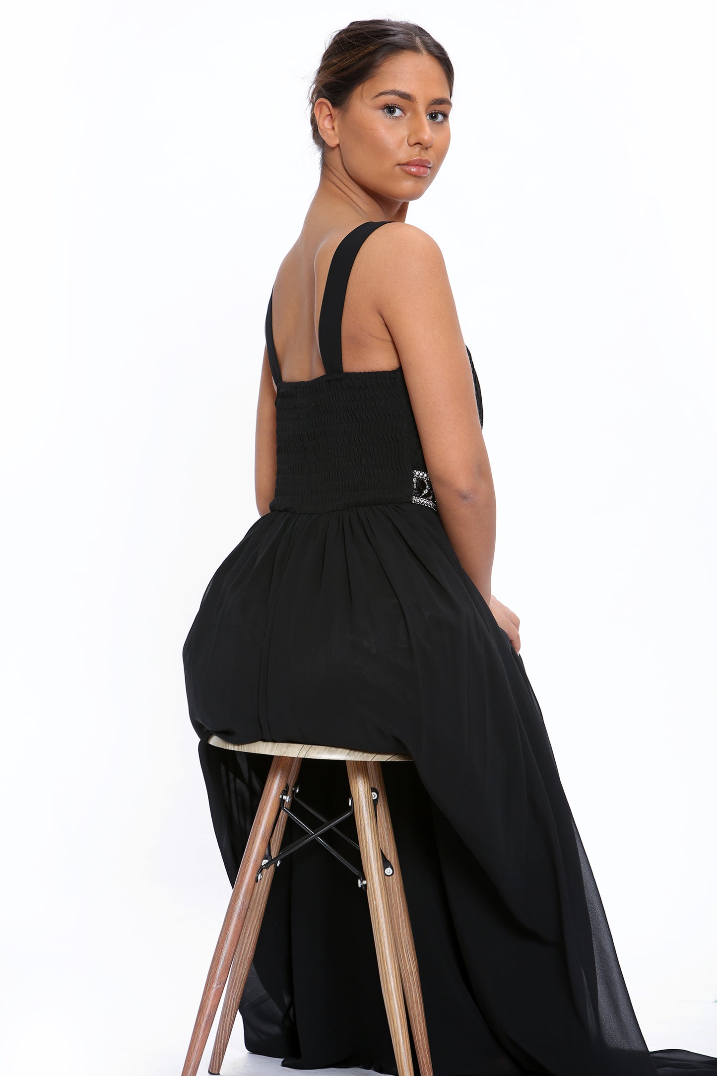 Black Chiffon Crystals Scoop Neck Maxi Dress