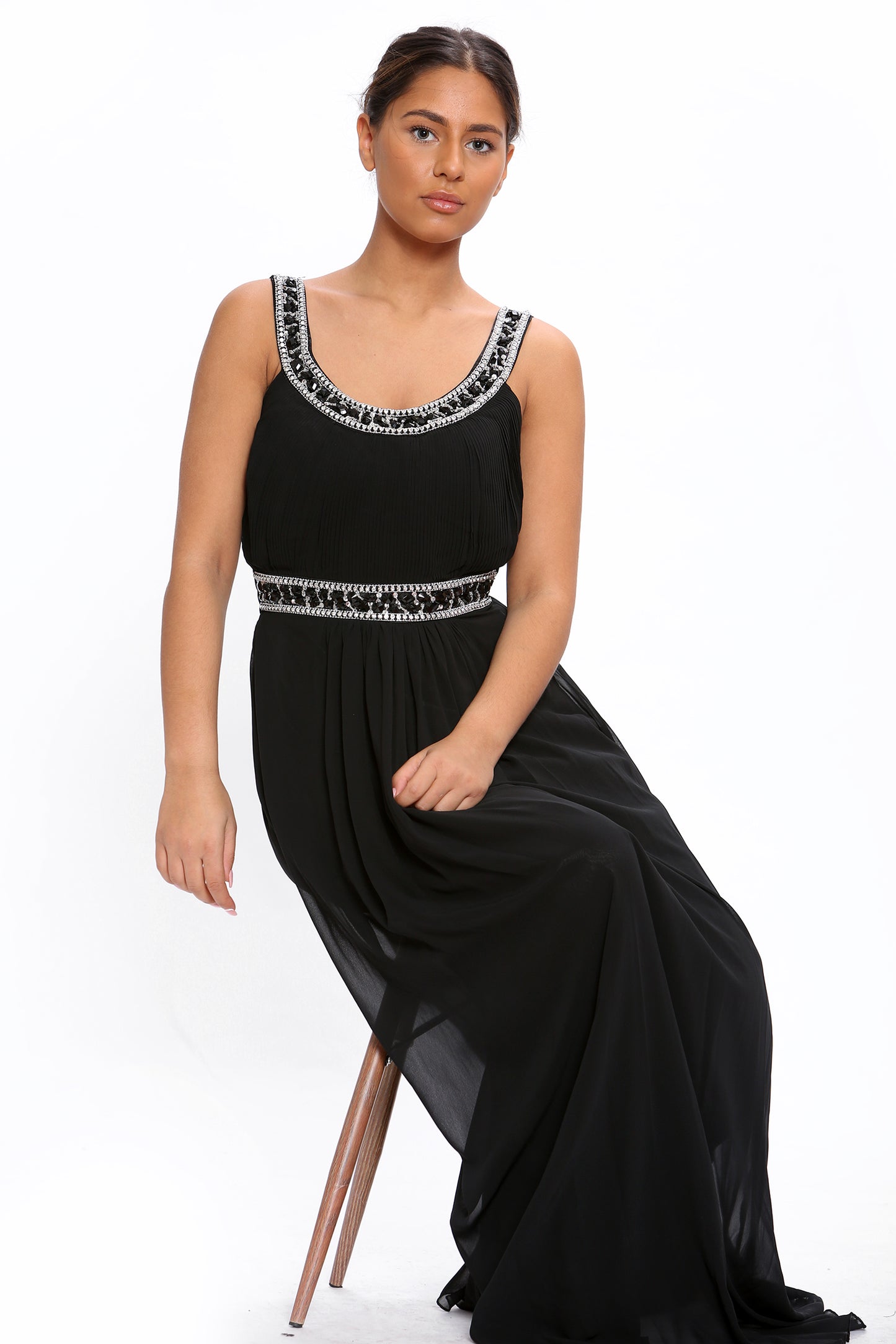 Black Chiffon Crystals Scoop Neck Maxi Dress