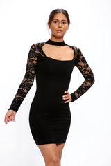 High Neck Cut Out Lace Long Sleeves Mini Dress