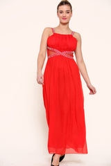 Red Maxi Cinched Waits Flowy Dress