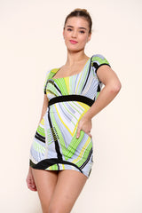 Yellow Green Colourful Print Short Sleeve Square Neck Cinched Waist mini dress