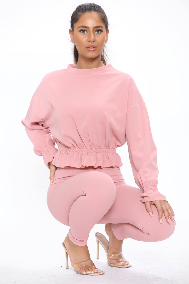 Pink Long Sleeve Frill Top and Legging Co-Ord Set