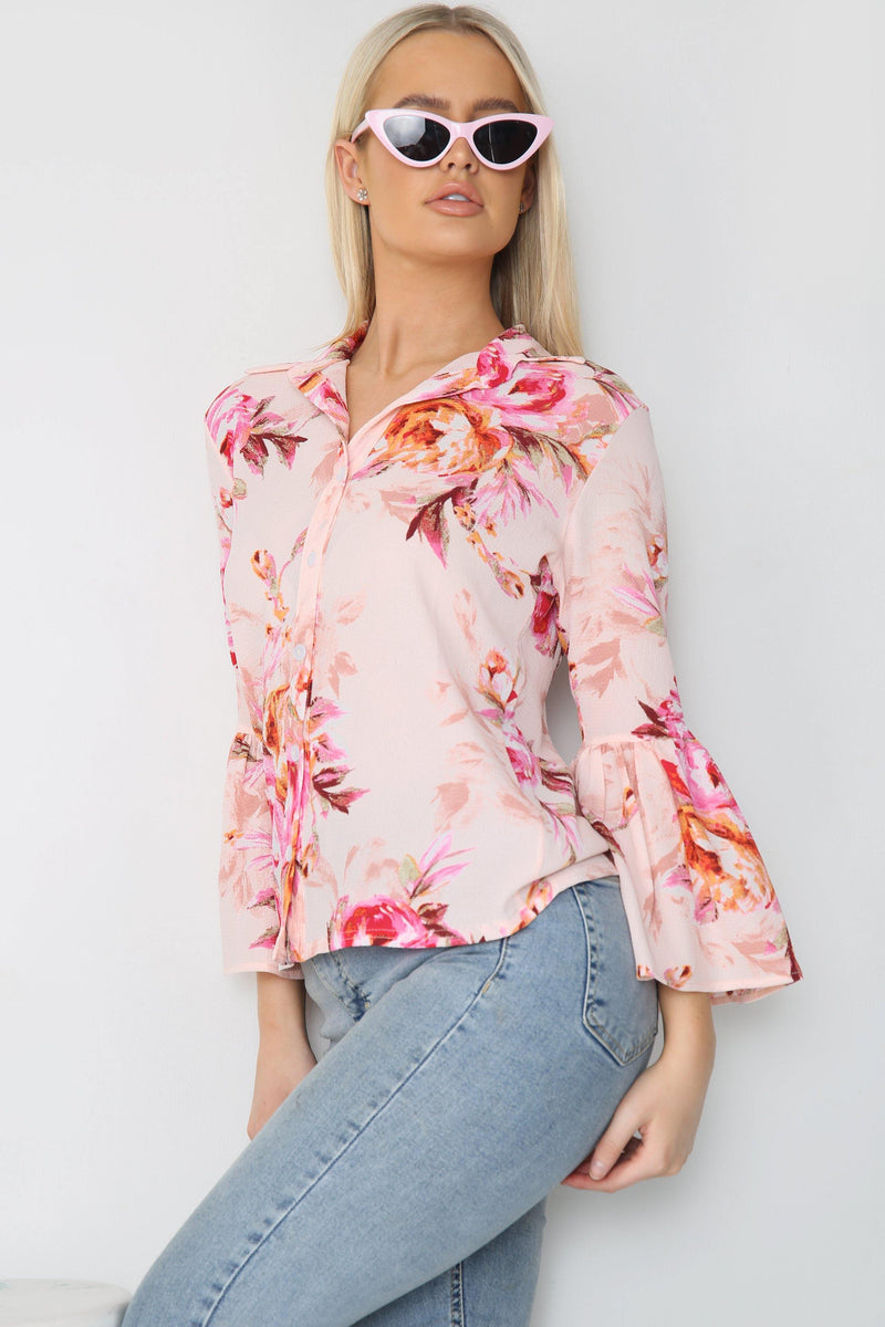 Pink Floral Flare Sleeve Button Shirt