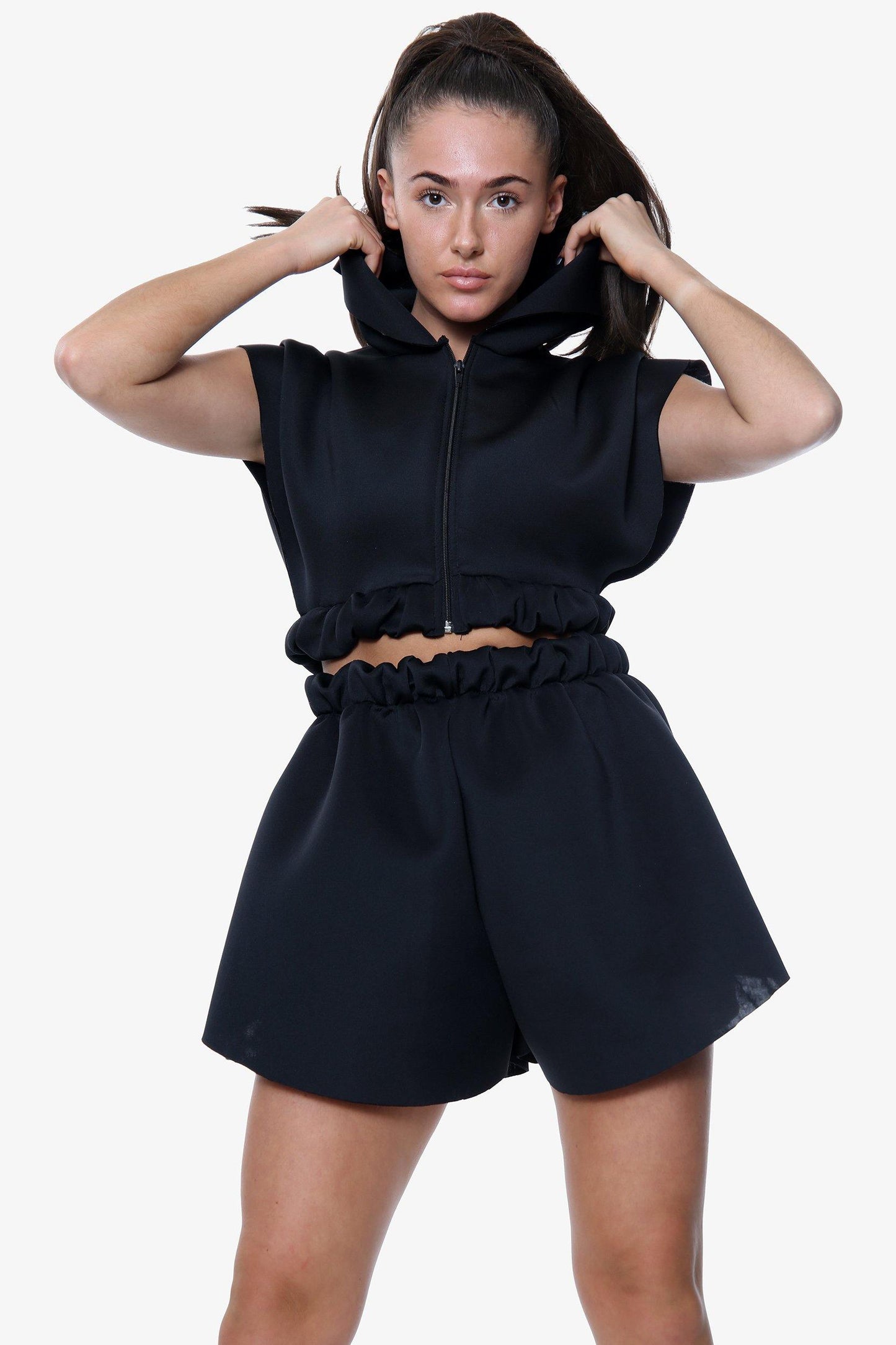 Black Sleeveless Cropped Hoodie and Shorts Co-Ord Set - Co-ords - Avinci